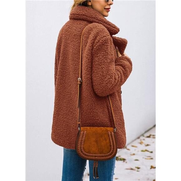 Women's Sherpa Fleece Faux Fur Trendy Jackets Camel Brown - Picture 5 of 5